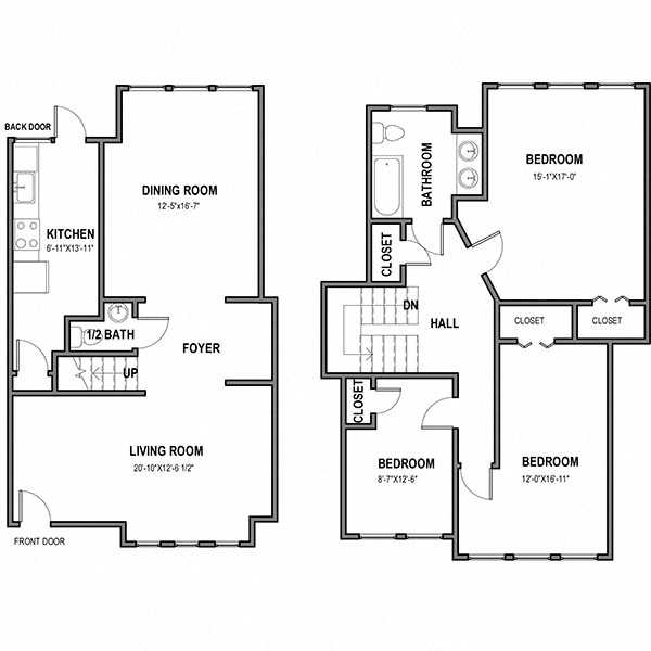 Floor plan for 3 beds, 1.5 baths, 1400 sqft